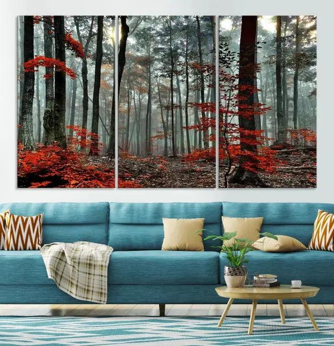 Red Autumn Forest Maple Trees Canvas Wall Art Print