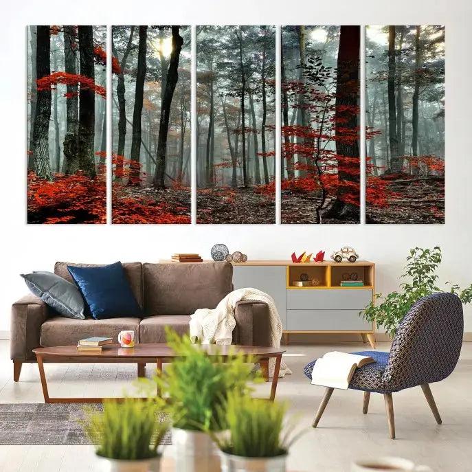 Red Autumn Forest Maple Trees Canvas Wall Art Print