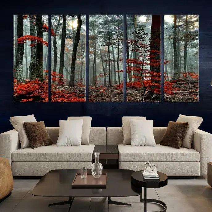 Red Autumn Forest Maple Trees Canvas Wall Art Print