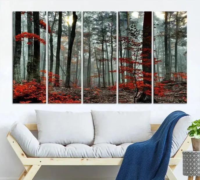 Red Autumn Forest Maple Trees Canvas Wall Art Print