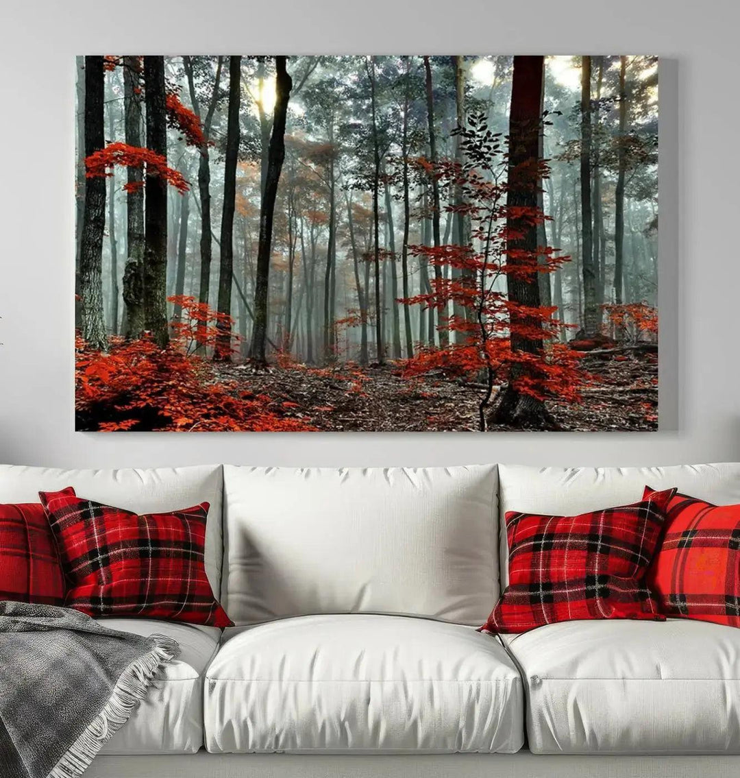 Red Leaves Foggy Forest in Autumn Wall Art Large Landscape Canvas Print