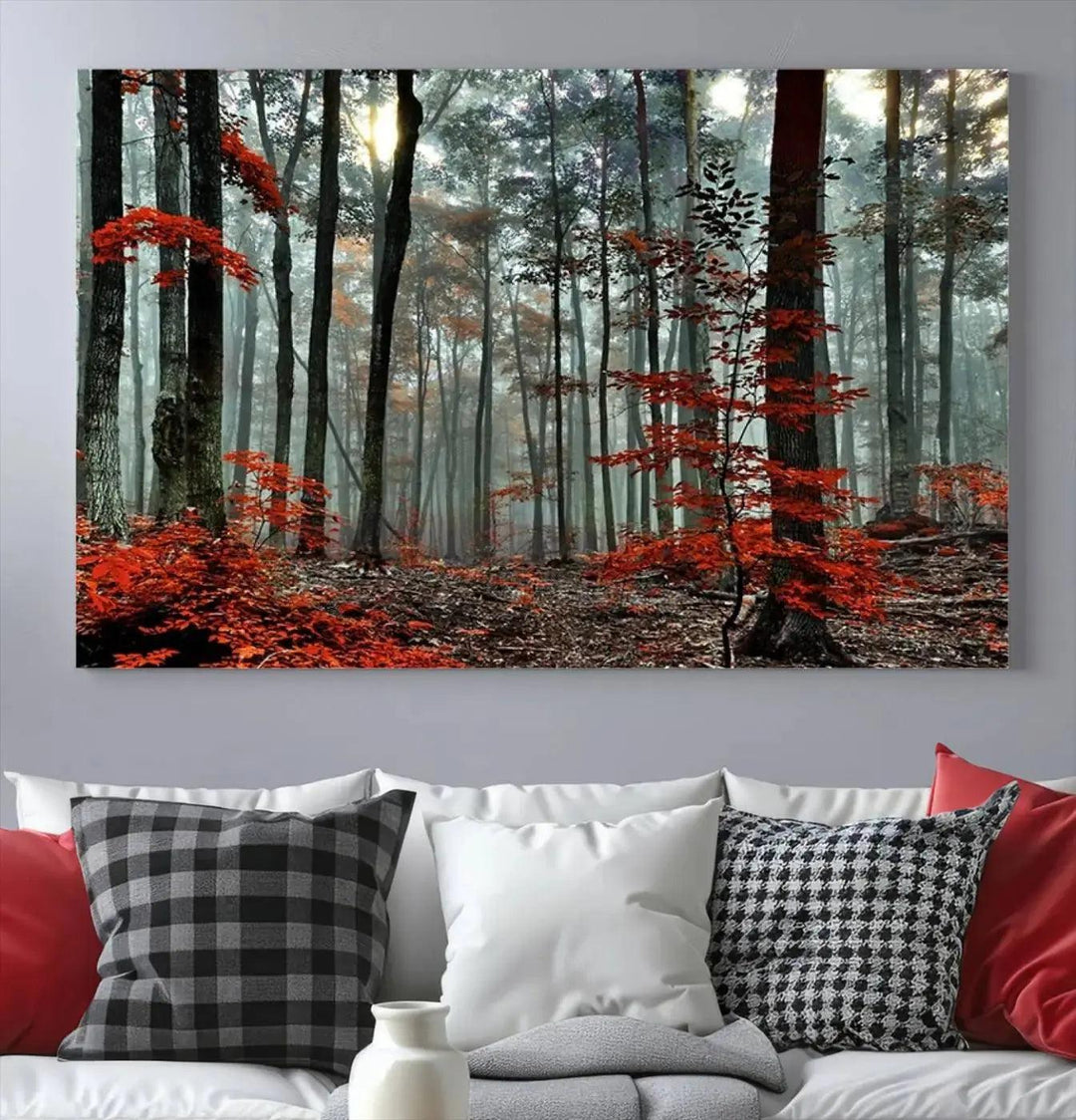 Red Leaves Foggy Forest in Autumn Wall Art Large Landscape Canvas Print