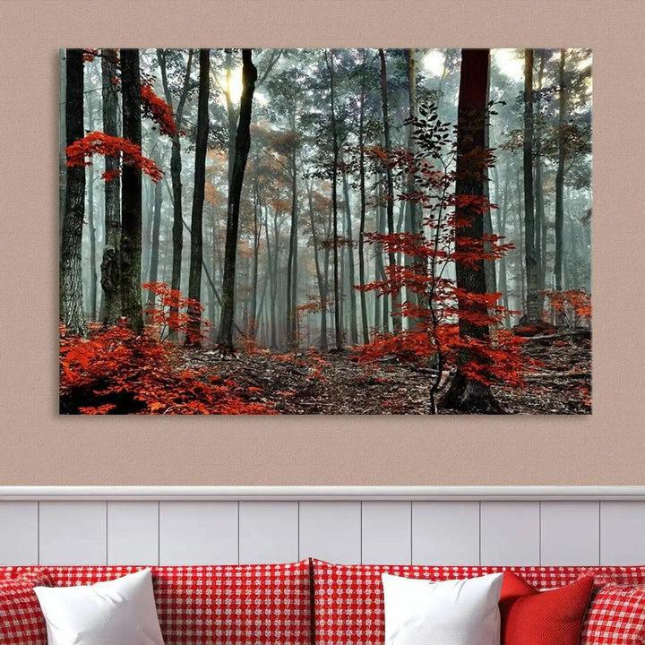 Red Leaves Foggy Forest in Autumn Wall Art Large Landscape Canvas Print