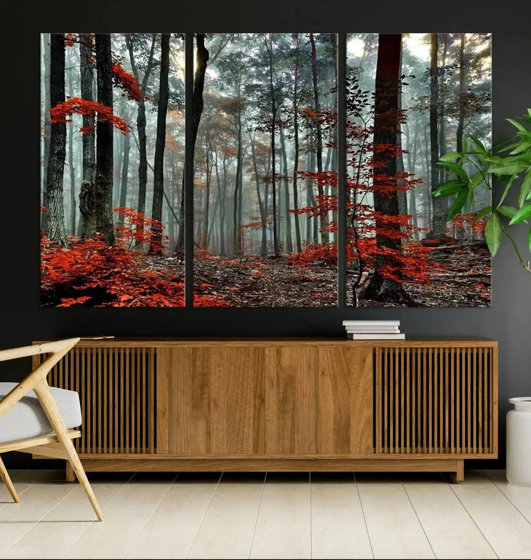 Red Leaves Foggy Forest in Autumn Wall Art Large Landscape Canvas Print