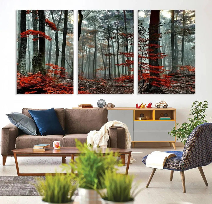 Red Leaves Foggy Forest in Autumn Wall Art Large Landscape Canvas Print