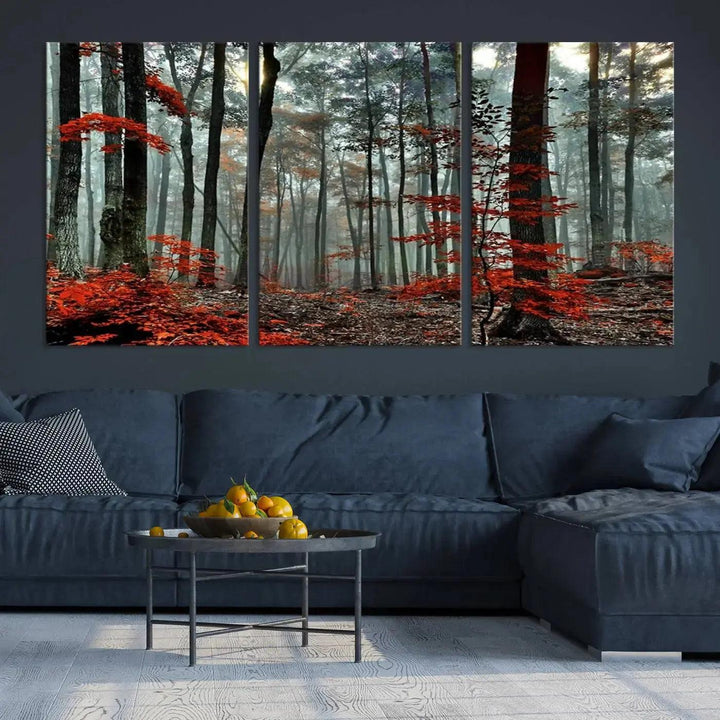 Red Leaves Foggy Forest in Autumn Wall Art Large Landscape Canvas Print