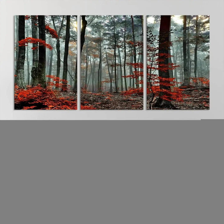 Red Leaves Foggy Forest in Autumn Wall Art Large Landscape Canvas Print