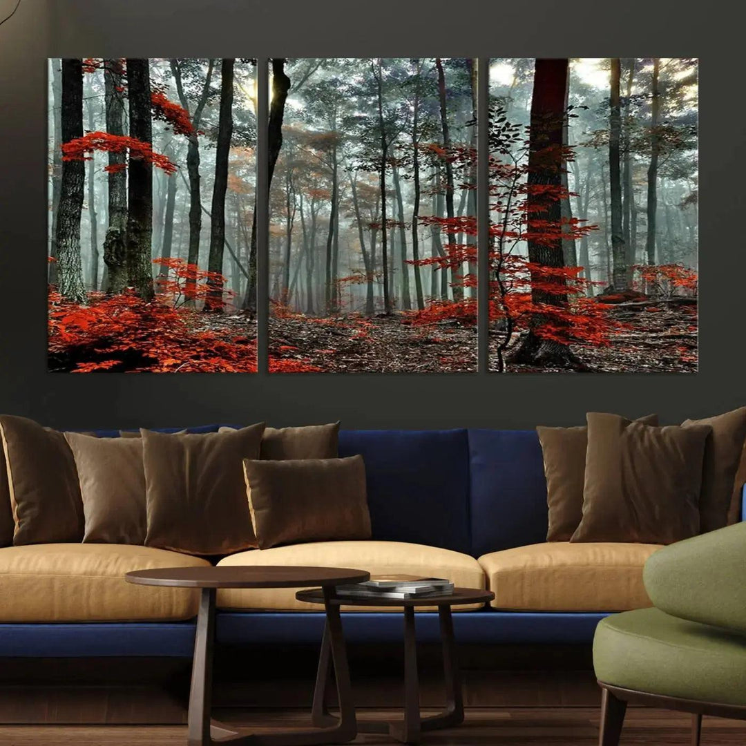 Red Leaves Foggy Forest in Autumn Wall Art Large Landscape Canvas Print