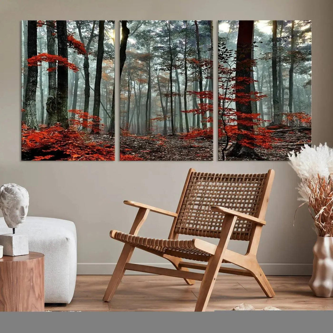 Red Leaves Foggy Forest in Autumn Wall Art Large Landscape Canvas Print