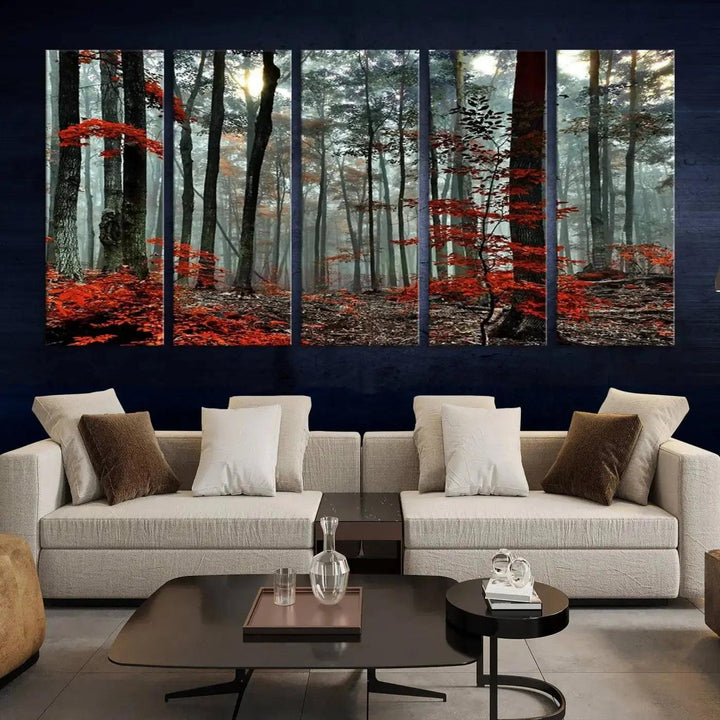 Red Leaves Foggy Forest in Autumn Wall Art Large Landscape Canvas Print