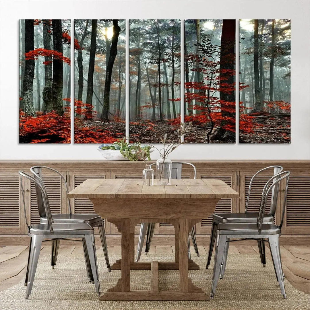 Red Leaves Foggy Forest in Autumn Wall Art Large Landscape Canvas Print