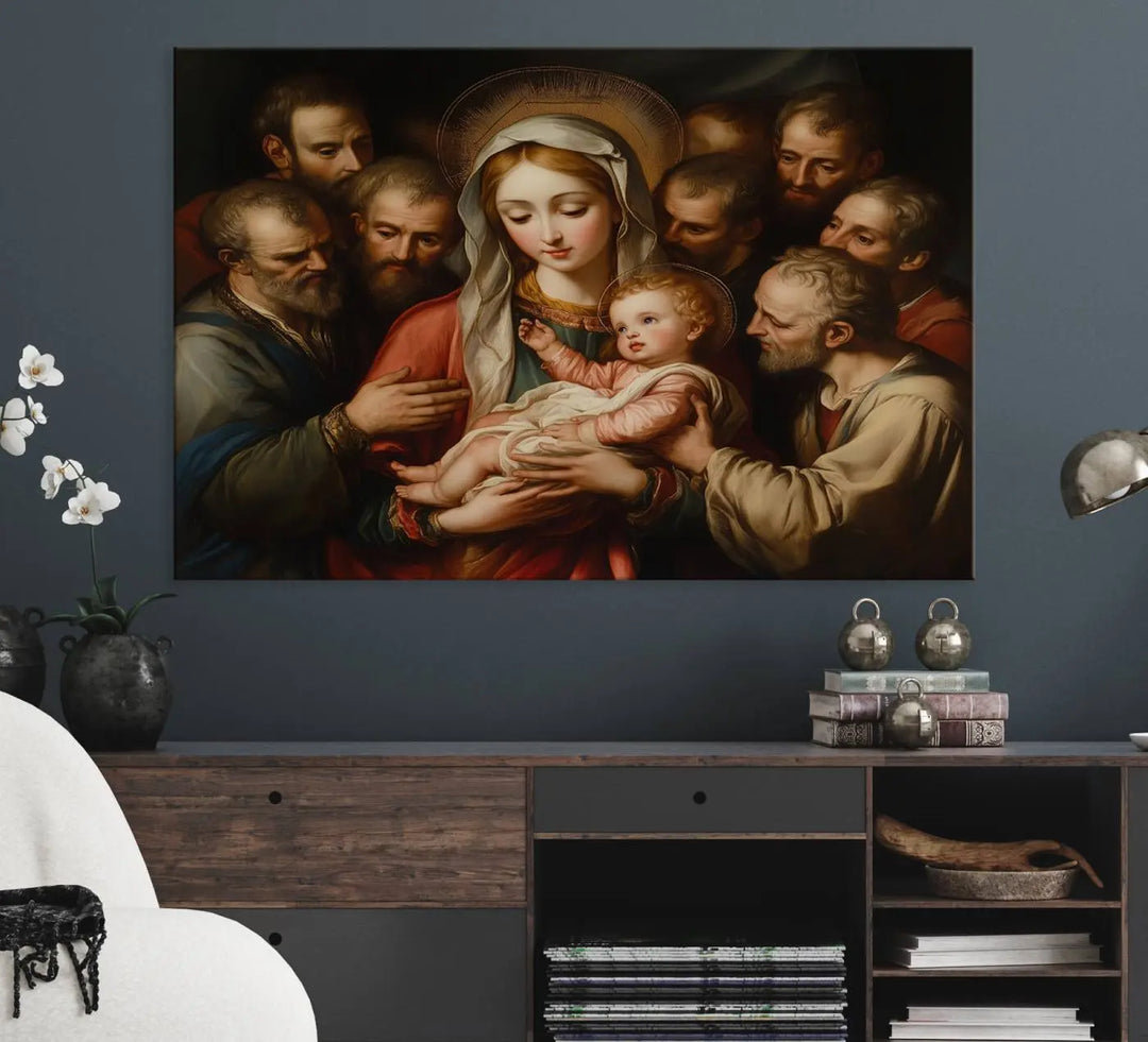 Religious Canvas Wall Art Print - Madonna and Child with Apostles Art Print - Classic Christian Artwork Print for Prayer or Church Decor