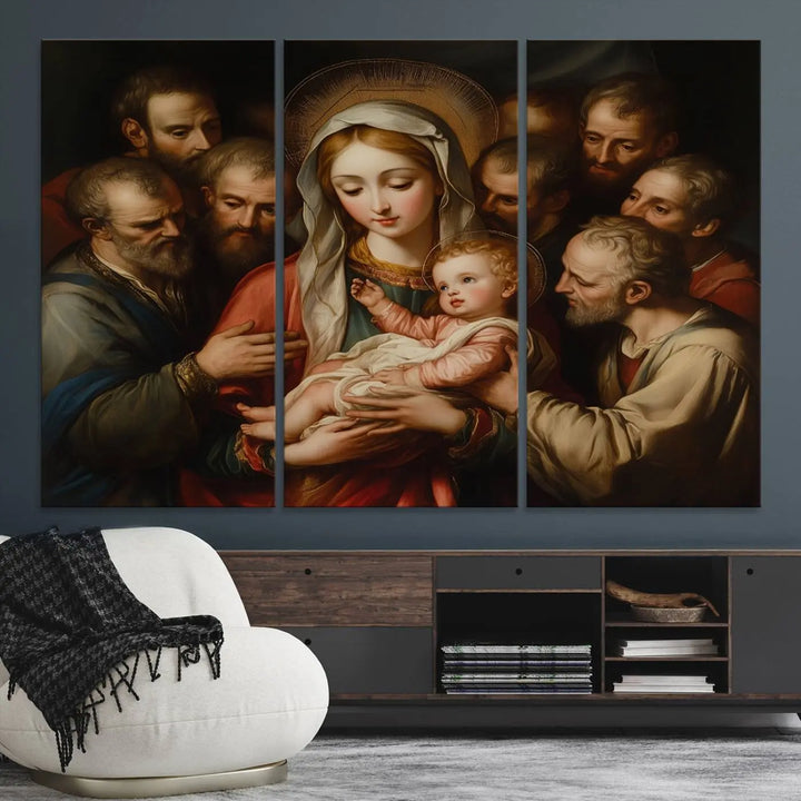 Religious Canvas Wall Art Print - Madonna and Child with Apostles Art Print - Classic Christian Artwork Print for Prayer or Church Decor