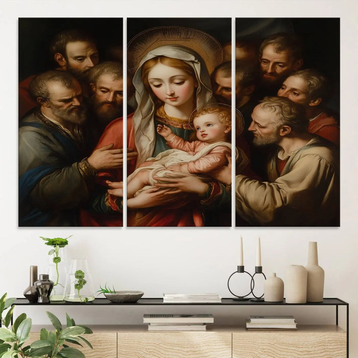 Religious Canvas Wall Art Print - Madonna and Child with Apostles Art Print - Classic Christian Artwork Print for Prayer or Church Decor