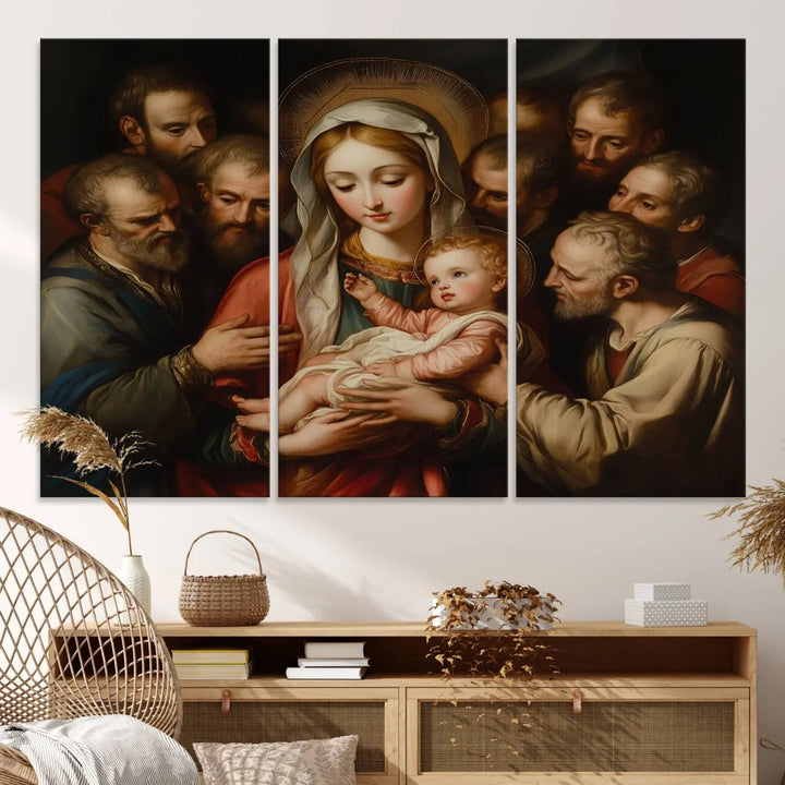 Religious Canvas Wall Art Print - Madonna and Child with Apostles Art Print - Classic Christian Artwork Print for Prayer or Church Decor