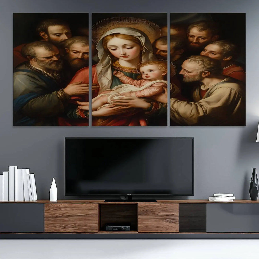 Religious Canvas Wall Art Print - Madonna and Child with Apostles Art Print - Classic Christian Artwork Print for Prayer or Church Decor