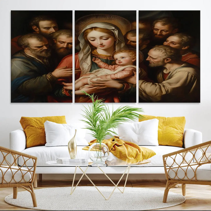 Religious Canvas Wall Art Print - Madonna and Child with Apostles Art Print - Classic Christian Artwork Print for Prayer or Church Decor