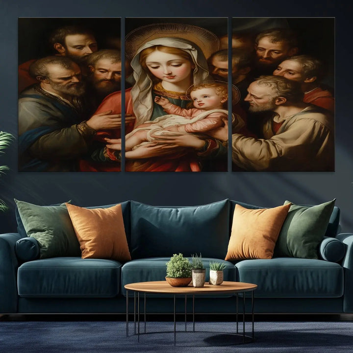 Religious Canvas Wall Art Print - Madonna and Child with Apostles Art Print - Classic Christian Artwork Print for Prayer or Church Decor