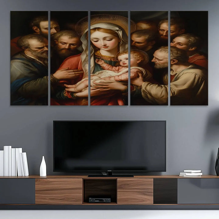 Religious Canvas Wall Art Print - Madonna and Child with Apostles Art Print - Classic Christian Artwork Print for Prayer or Church Decor