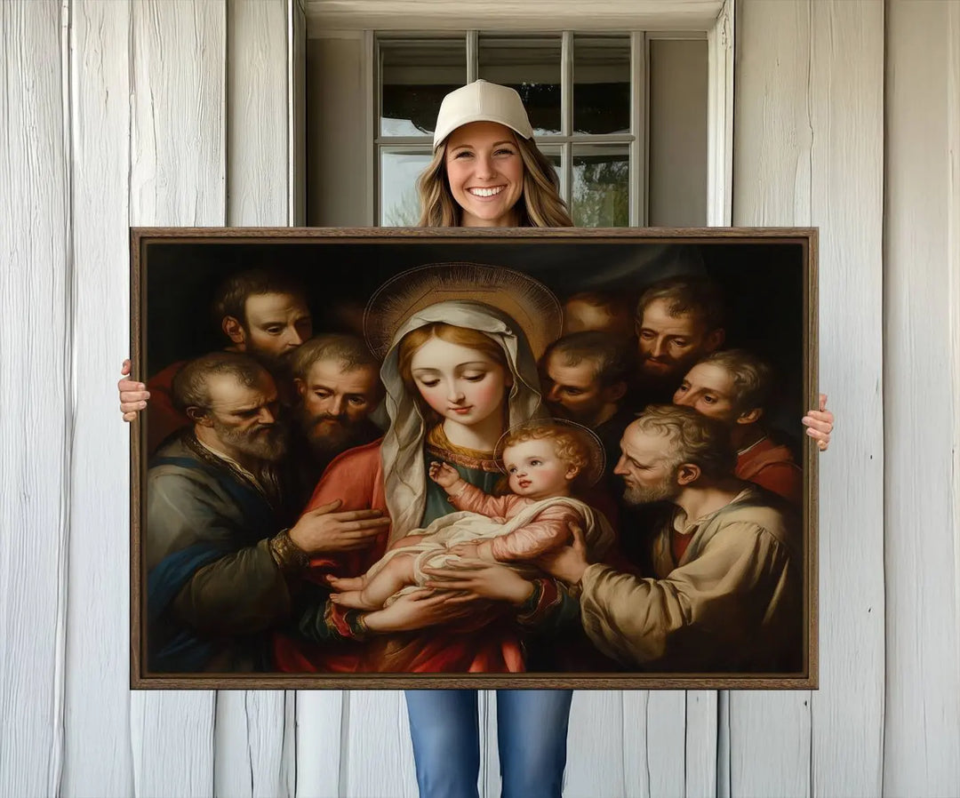 Religious Canvas Wall Art Print - Madonna and Child with Apostles Art Print - Classic Christian Artwork Print for Prayer or Church Decor