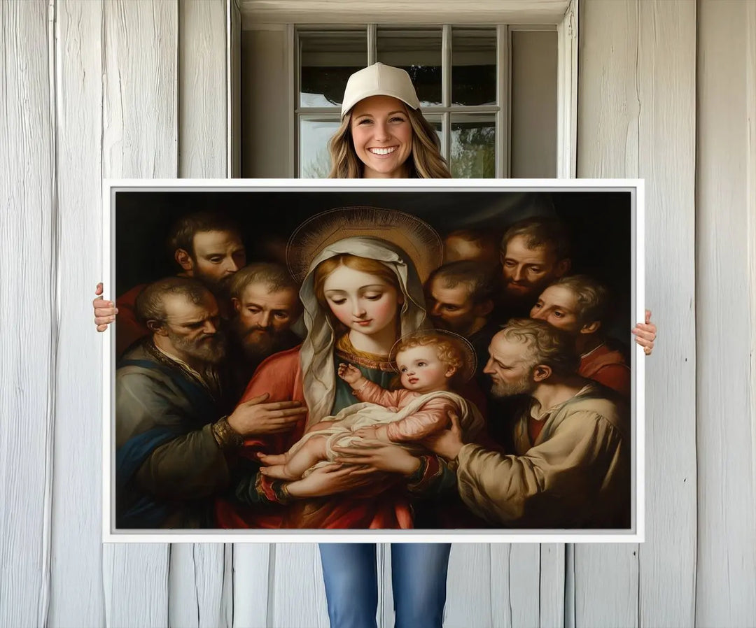 Religious Canvas Wall Art Print - Madonna and Child with Apostles Art Print - Classic Christian Artwork Print for Prayer or Church Decor