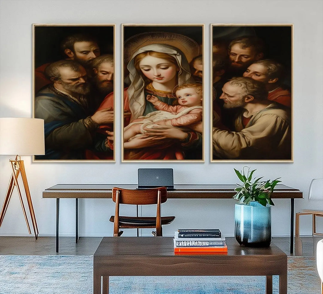 Religious Canvas Wall Art Print - Madonna and Child with Apostles Art Print - Classic Christian Artwork Print for Prayer or Church Decor