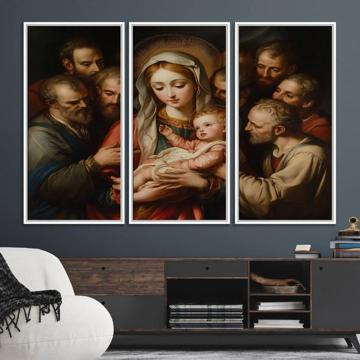 Religious Canvas Wall Art Print - Madonna and Child with Apostles Art Print - Classic Christian Artwork Print for Prayer or Church Decor