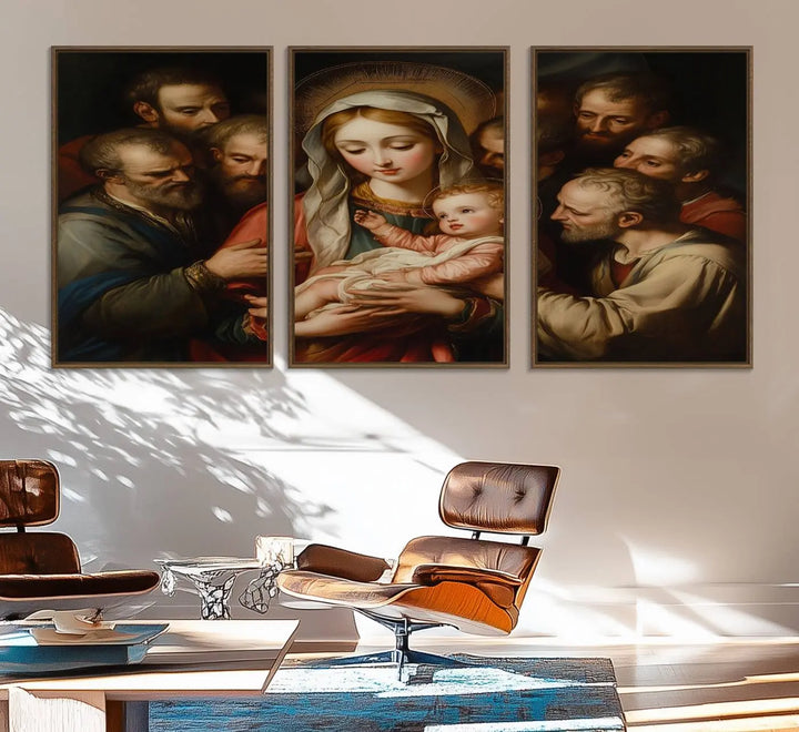 Religious Canvas Wall Art Print - Madonna and Child with Apostles Art Print - Classic Christian Artwork Print for Prayer or Church Decor