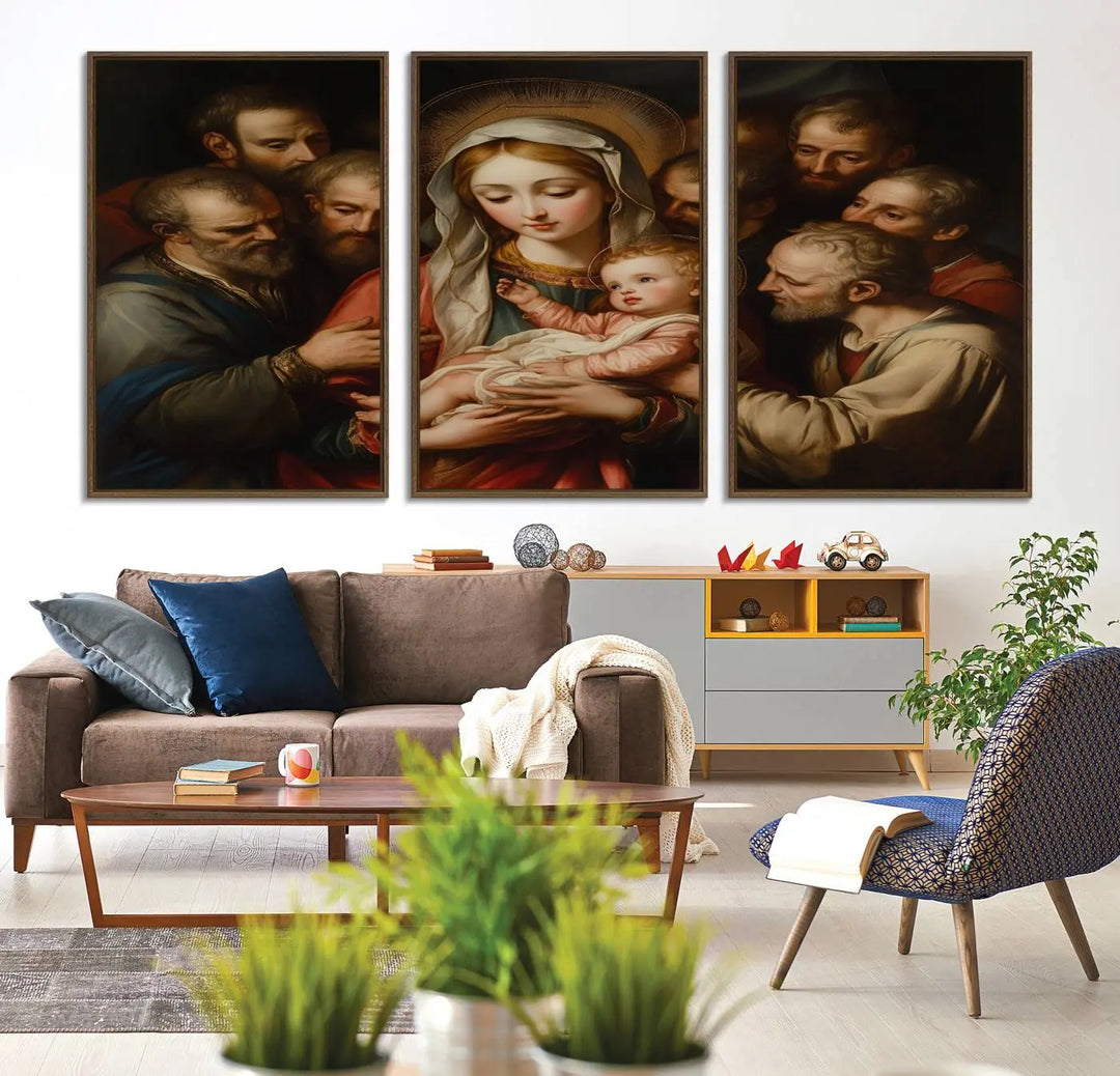 Religious Canvas Wall Art Print - Madonna and Child with Apostles Art Print - Classic Christian Artwork Print for Prayer or Church Decor