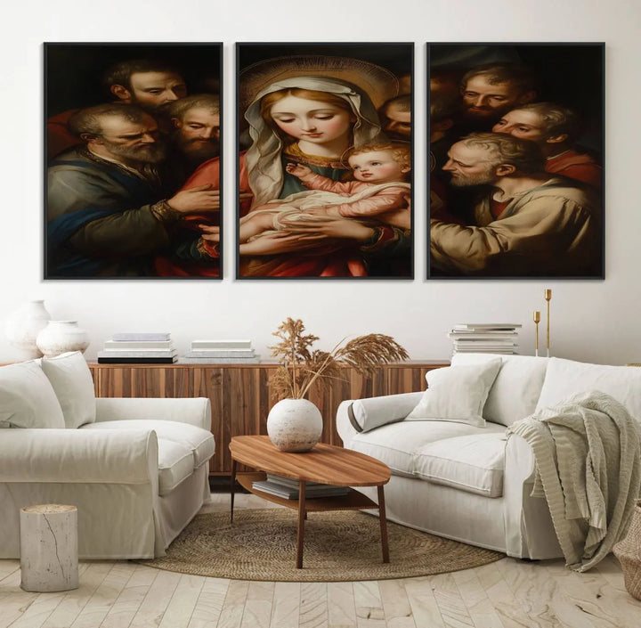 Religious Canvas Wall Art Print - Madonna and Child with Apostles Art Print - Classic Christian Artwork Print for Prayer or Church Decor