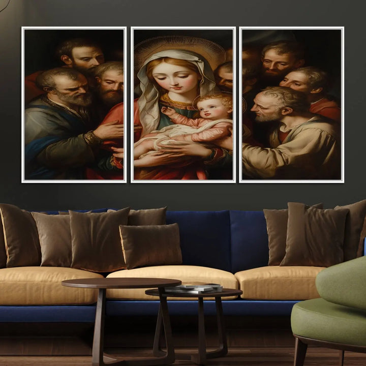 Religious Canvas Wall Art Print - Madonna and Child with Apostles Art Print - Classic Christian Artwork Print for Prayer or Church Decor