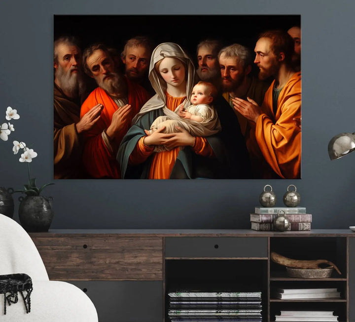 Religious Canvas Wall Art Print - Madonna and Child with Apostles Art Print - Classic Christian Artwork Print for Prayer or Church Decor