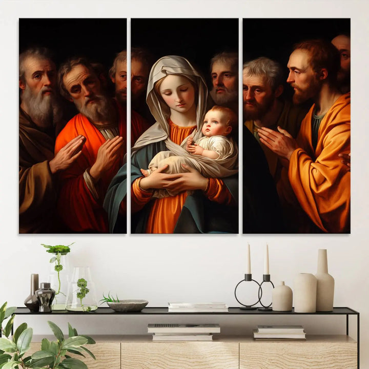 Religious Canvas Wall Art Print - Madonna and Child with Apostles Art Print - Classic Christian Artwork Print for Prayer or Church Decor