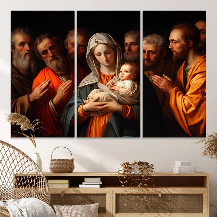 Religious Canvas Wall Art Print - Madonna and Child with Apostles Art Print - Classic Christian Artwork Print for Prayer or Church Decor