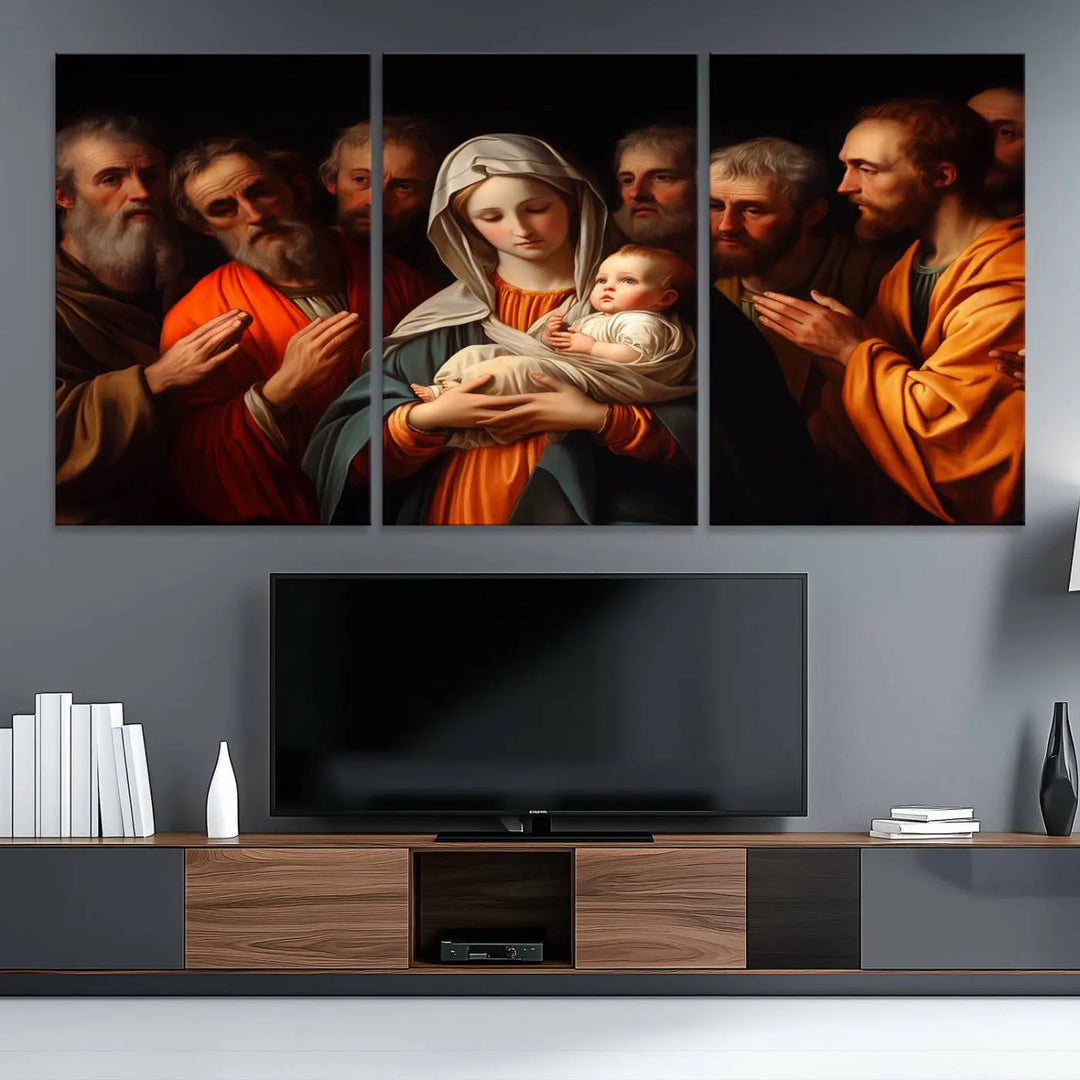 Religious Canvas Wall Art Print - Madonna and Child with Apostles Art Print - Classic Christian Artwork Print for Prayer or Church Decor