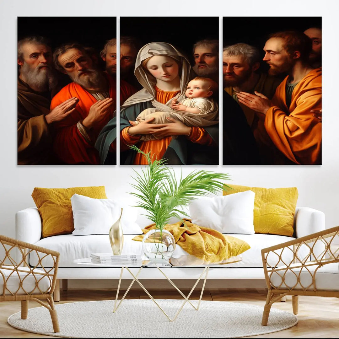 Religious Canvas Wall Art Print - Madonna and Child with Apostles Art Print - Classic Christian Artwork Print for Prayer or Church Decor