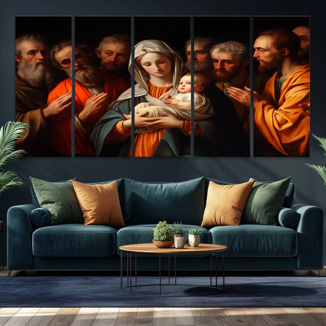 Religious Canvas Wall Art Print - Madonna and Child with Apostles Art Print - Classic Christian Artwork Print for Prayer or Church Decor