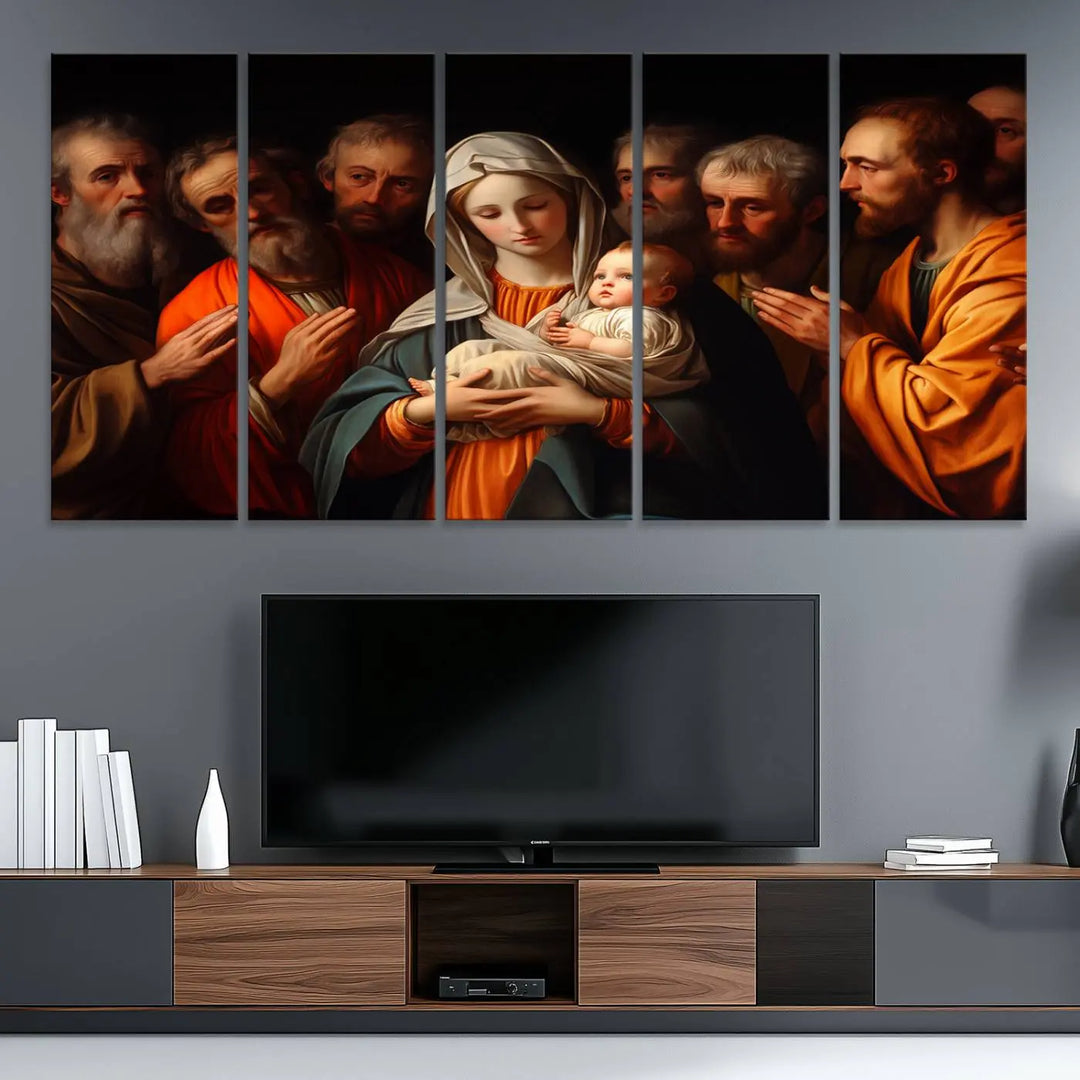 Religious Canvas Wall Art Print - Madonna and Child with Apostles Art Print - Classic Christian Artwork Print for Prayer or Church Decor