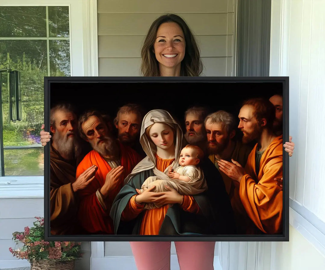 Religious Canvas Wall Art Print - Madonna and Child with Apostles Art Print - Classic Christian Artwork Print for Prayer or Church Decor