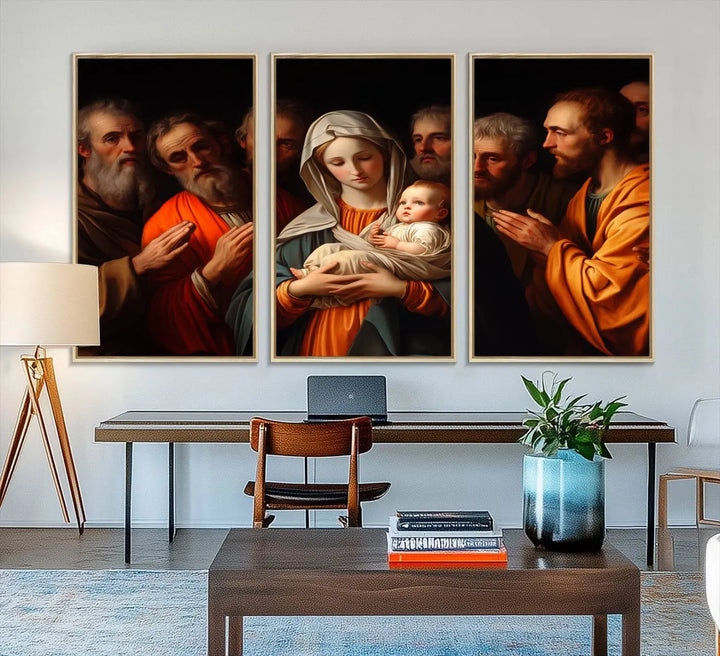 Religious Canvas Wall Art Print - Madonna and Child with Apostles Art Print - Classic Christian Artwork Print for Prayer or Church Decor