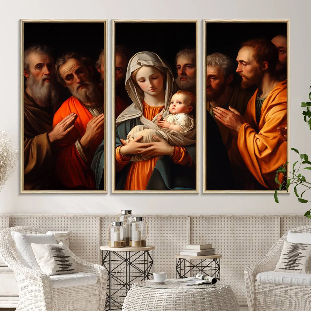 Religious Canvas Wall Art Print - Madonna and Child with Apostles Art Print - Classic Christian Artwork Print for Prayer or Church Decor