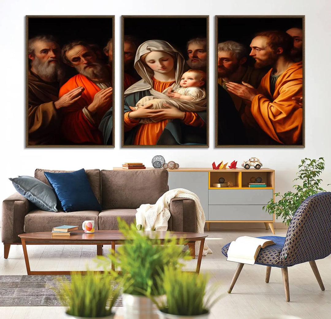 Religious Canvas Wall Art Print - Madonna and Child with Apostles Art Print - Classic Christian Artwork Print for Prayer or Church Decor