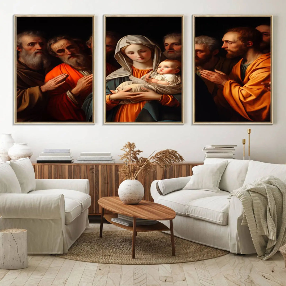 Religious Canvas Wall Art Print - Madonna and Child with Apostles Art Print - Classic Christian Artwork Print for Prayer or Church Decor