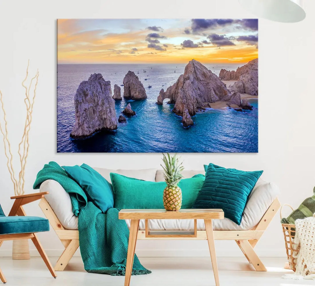 Rock Formations in Ocean Wall Art Canvas Print Beach Sunset Printing