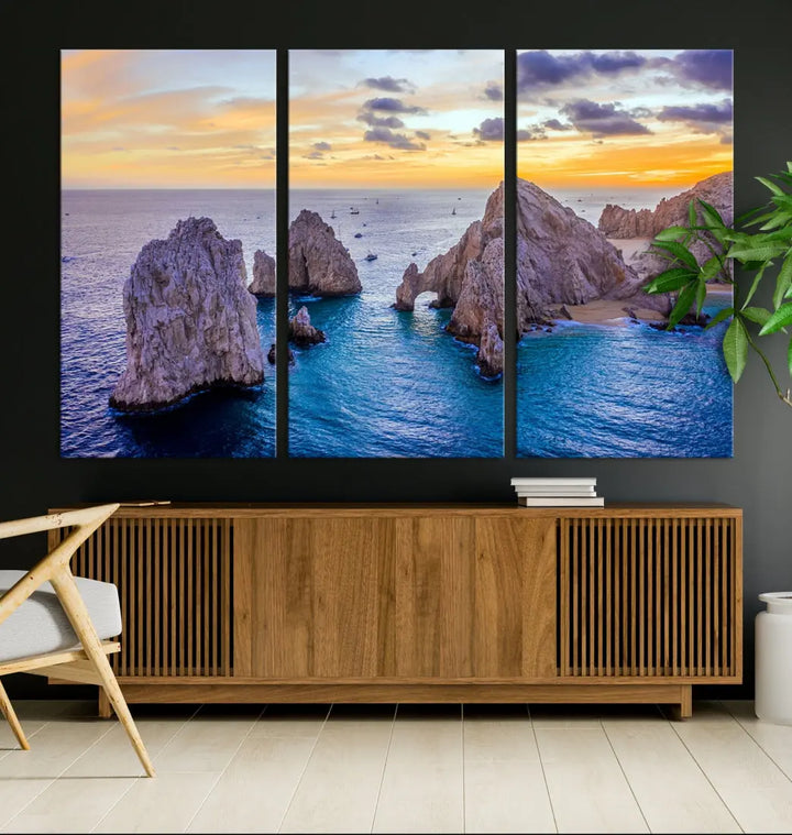 Rock Formations in Ocean Wall Art Canvas Print Beach Sunset Printing