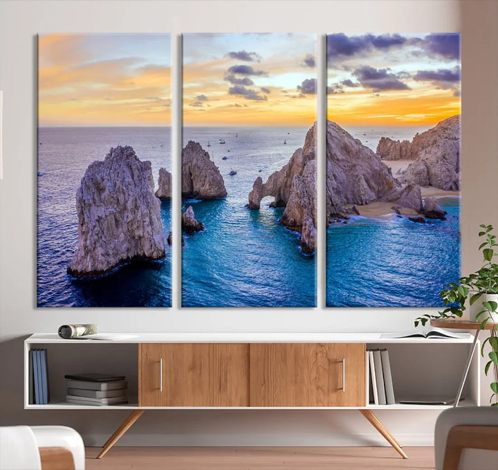 Rock Formations in Ocean Wall Art Canvas Print Beach Sunset Printing