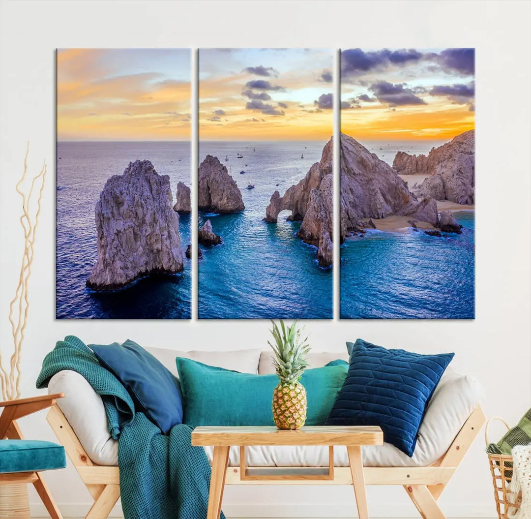 Rock Formations in Ocean Wall Art Canvas Print Beach Sunset Printing