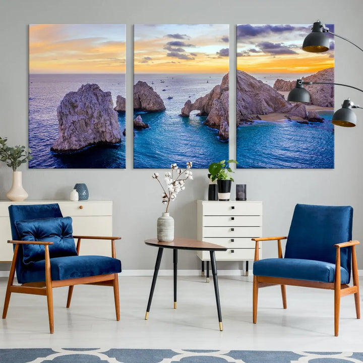 Rock Formations in Ocean Wall Art Canvas Print Beach Sunset Printing