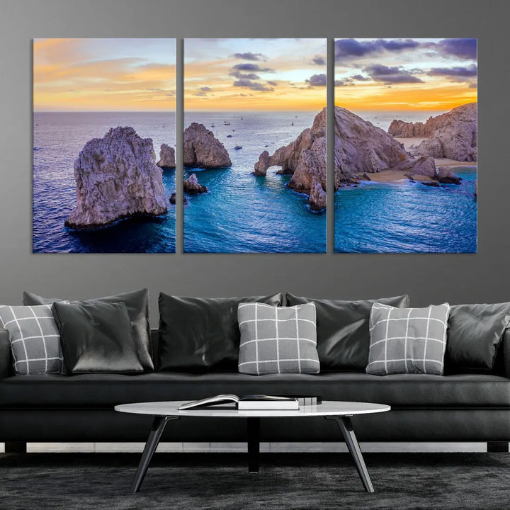 Rock Formations in Ocean Wall Art Canvas Print Beach Sunset Printing