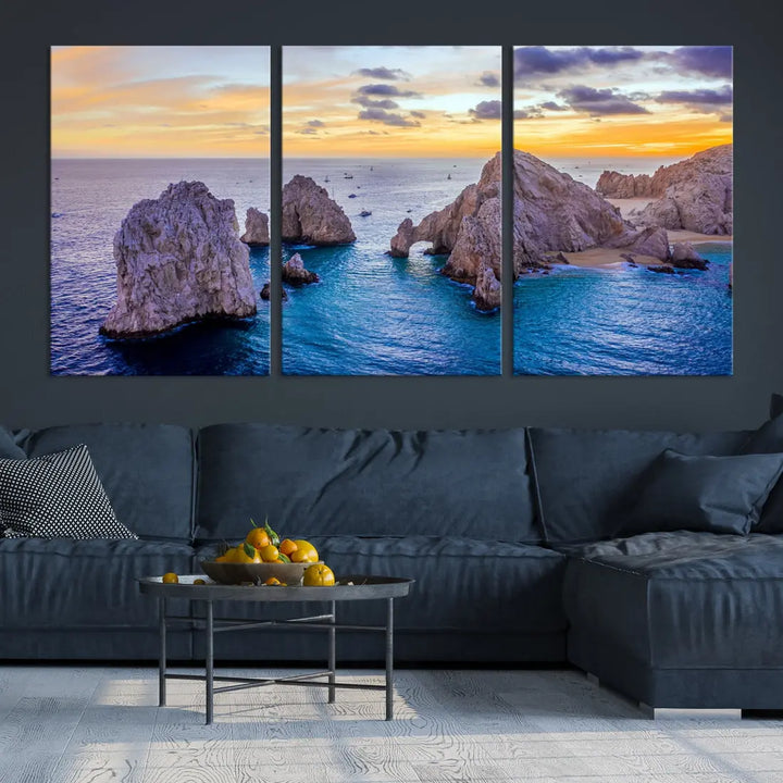 Rock Formations in Ocean Wall Art Canvas Print Beach Sunset Printing